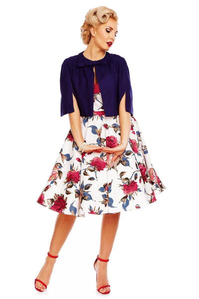 Grace Vintage Style Jive Floral Dress in White-Burgundy