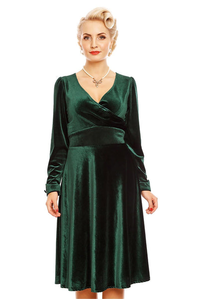 Katherine Long Sleeve Swing Dress in Velvet Green