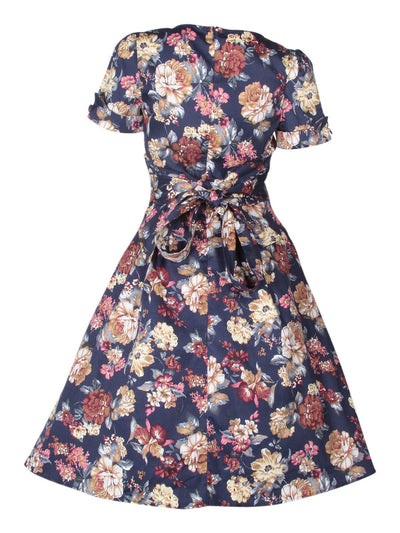 Kathy Short Sleeves Floral Swing Dress in Blue