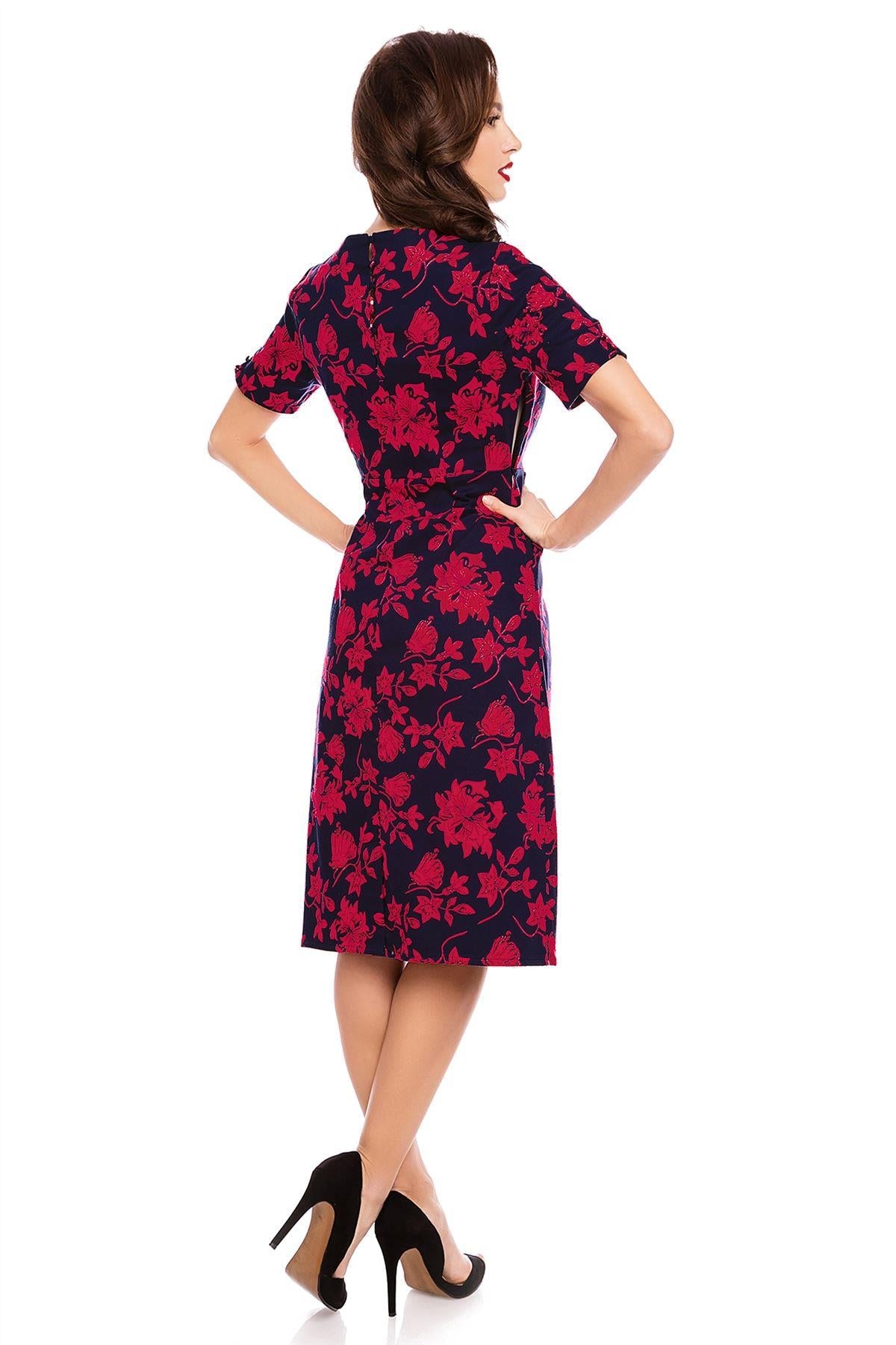 Daisy Floral Sleeve Pocket Pencil Dress in Navy-Red