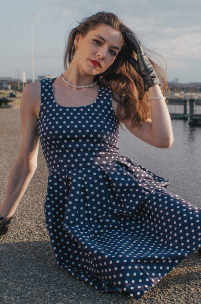 Amanda Scoop Neck Polka Dot Swing Dress in Navy Blue & White