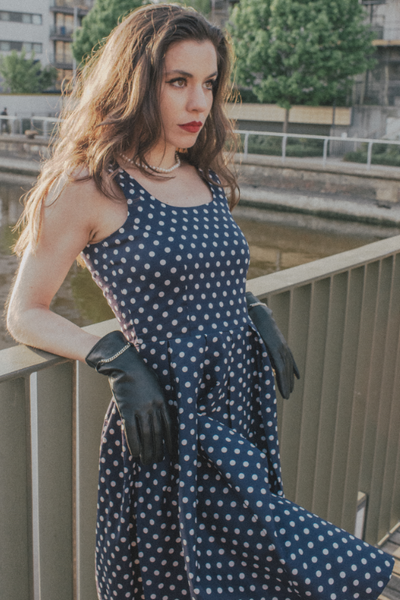 Amanda Scoop Neck Polka Dot Swing Dress in Navy Blue & White
