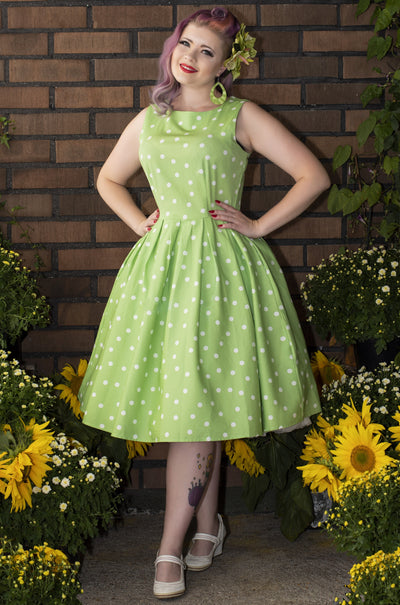 Annie Retro Polka Dot Dress In Pale Light Green/White