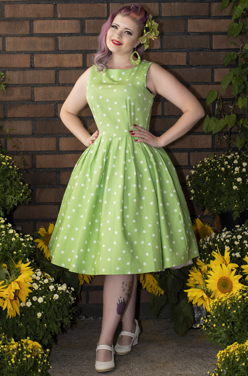 Annie Retro Polka Dot Dress In Pale Light Green/White