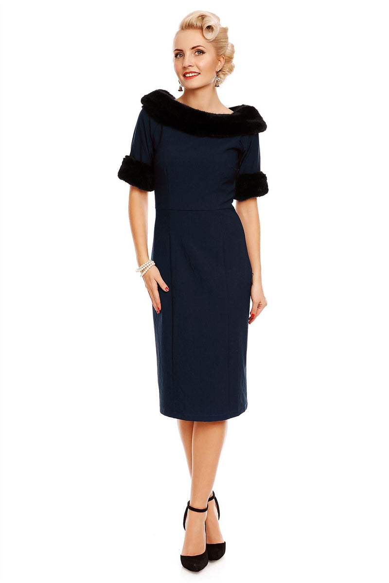 Venus Van Chic - Valerie Faux Fur Fitted Dress in Navy Blue