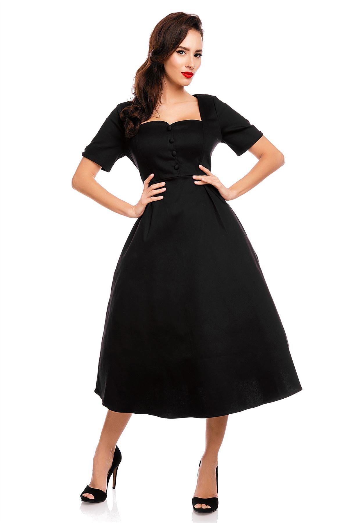Florence Classic Swing Dress With Sleeves In Plain Black