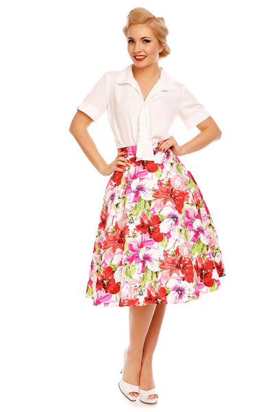 Blossom Pocketed Floral Flared Skirt in White-Pink
