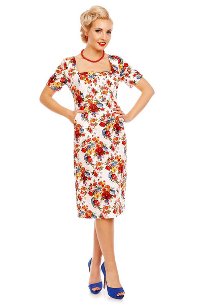 Daisy Floral Sleeve Pocket Pencil Dress in White-Red