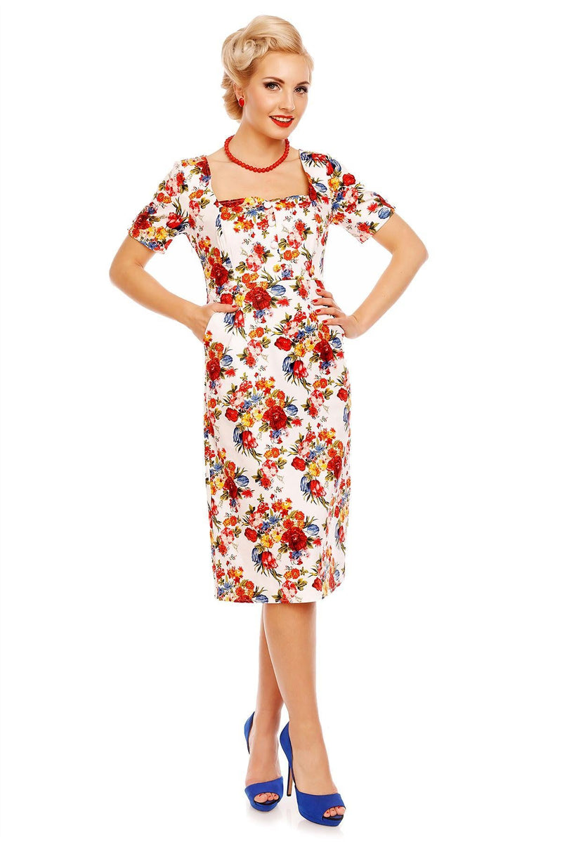 Daisy Floral Sleeve Pocket Pencil Dress in White-Red