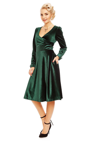 Katherine Long Sleeve Swing Dress in Velvet Green