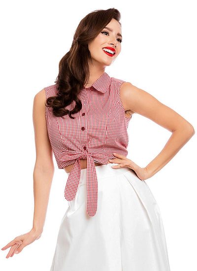 Clementine Checked Cropped Tie Button Top in Red-White