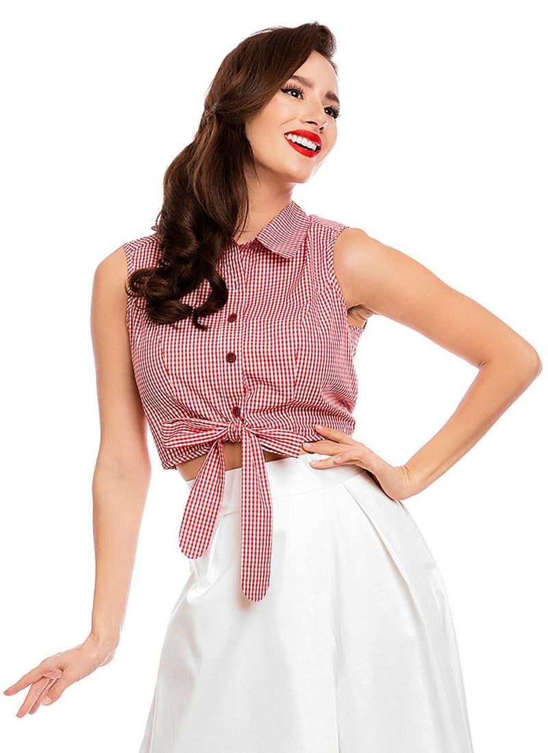 Clementine Checked Cropped Tie Button Top in Red-White