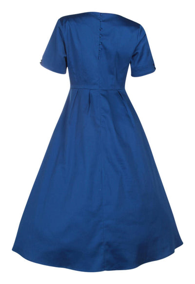 Florence Classic Swing Dress With Sleeves In Plain Blue