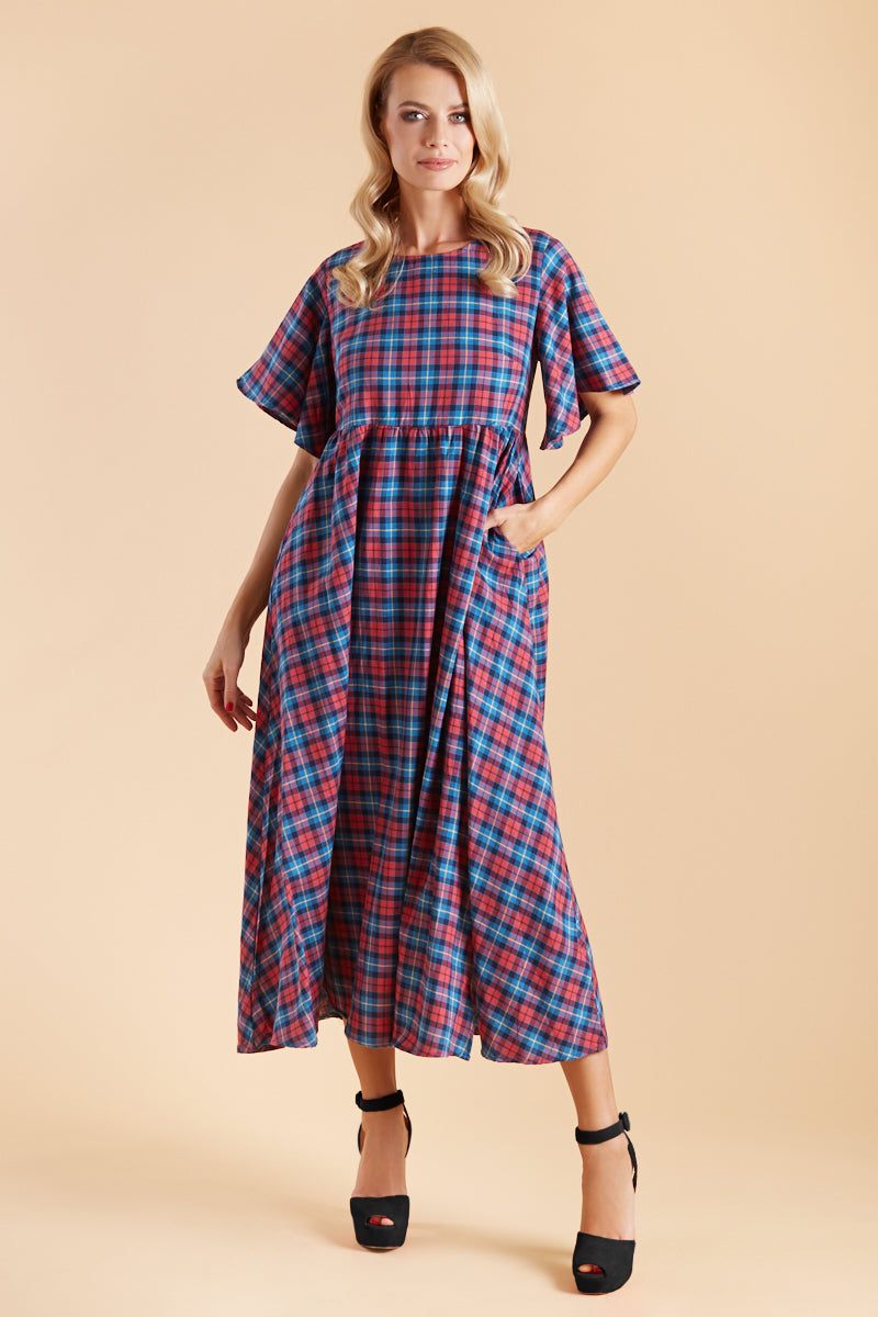 Floaty Oversized Day Dress in Pink Tartan front