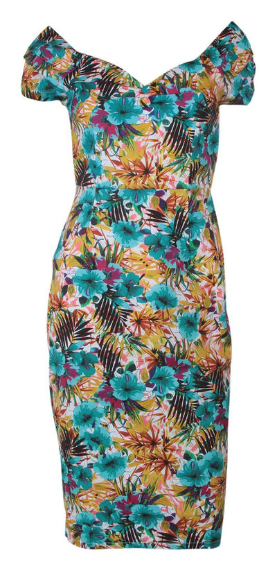 Bette Floral Sleeved Pencil Dress in Mustard-Blue Multi