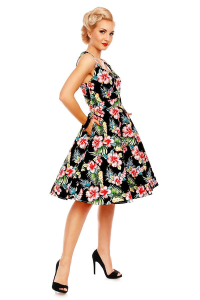 Natalie Retro Floral Swing Dress in Black Orchid