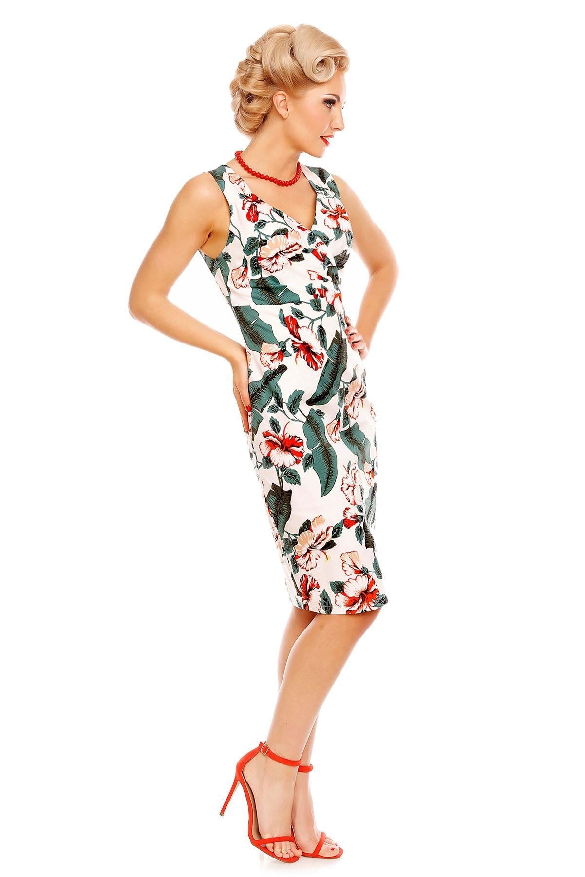 Cheryl Fitted Floral Vintage Dress in White-Green