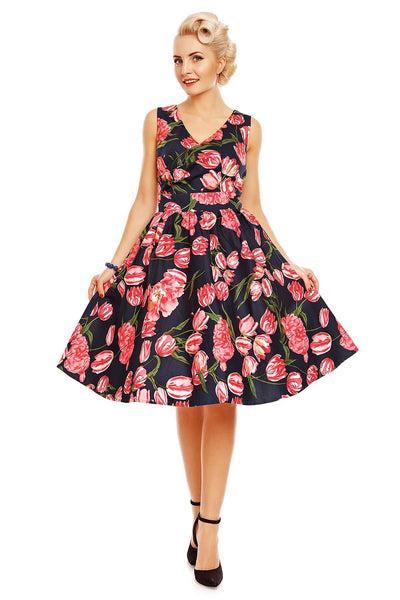 May V-neck Tulip Floral Swing Dress in Navy/Pink