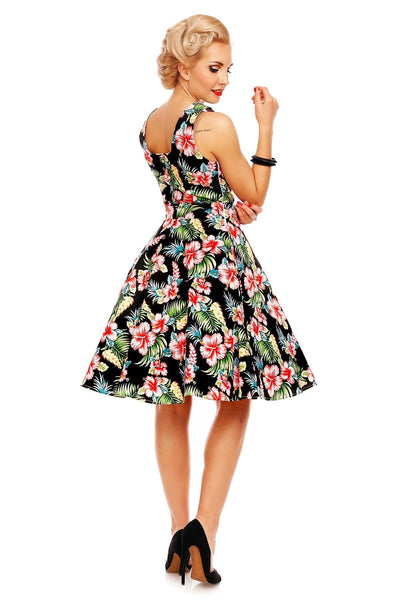 Natalie Retro Floral Swing Dress in Black Orchid
