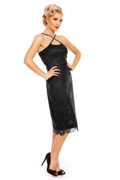 Norma Cross over Strap Floral Lace Dress in Black