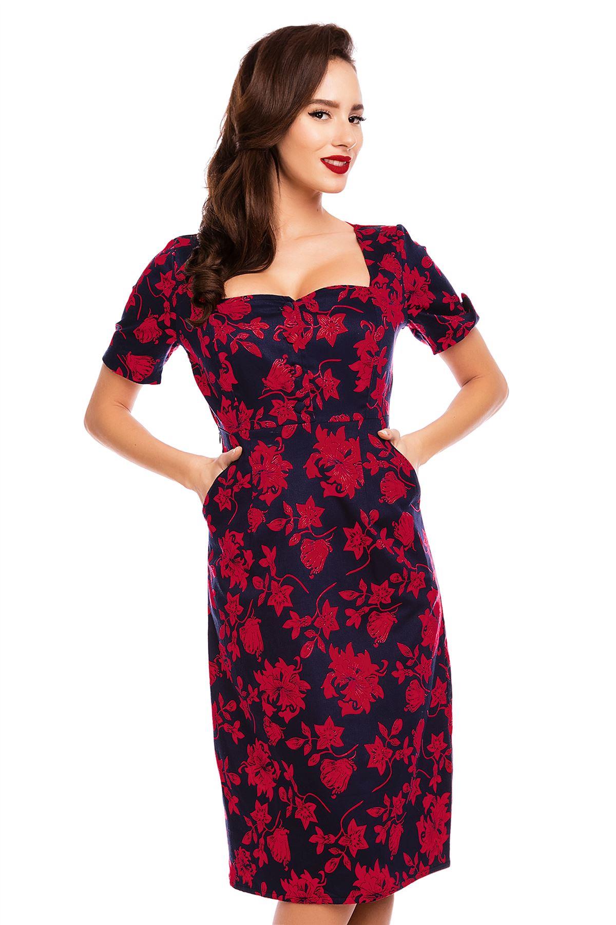 Daisy Floral Sleeve Pocket Pencil Dress in Navy-Red