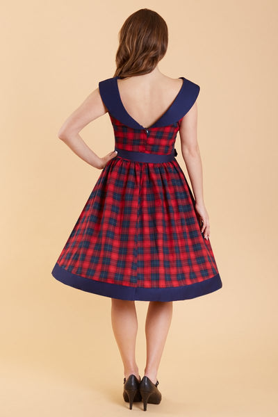 Cindy Red & Navy Tartan Circle Dress3