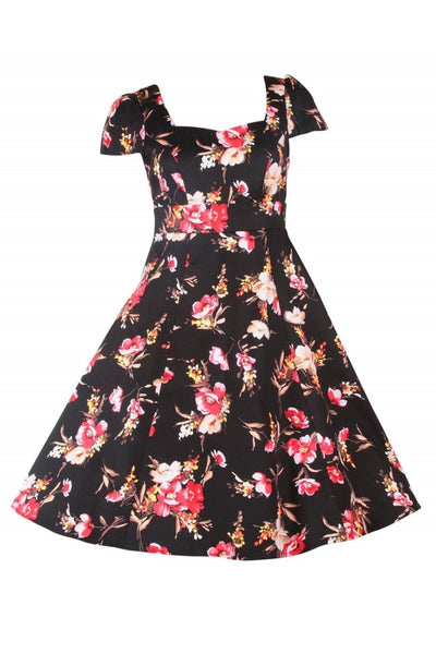 Claudia Flirty Fifties Style Dress in Black Floral