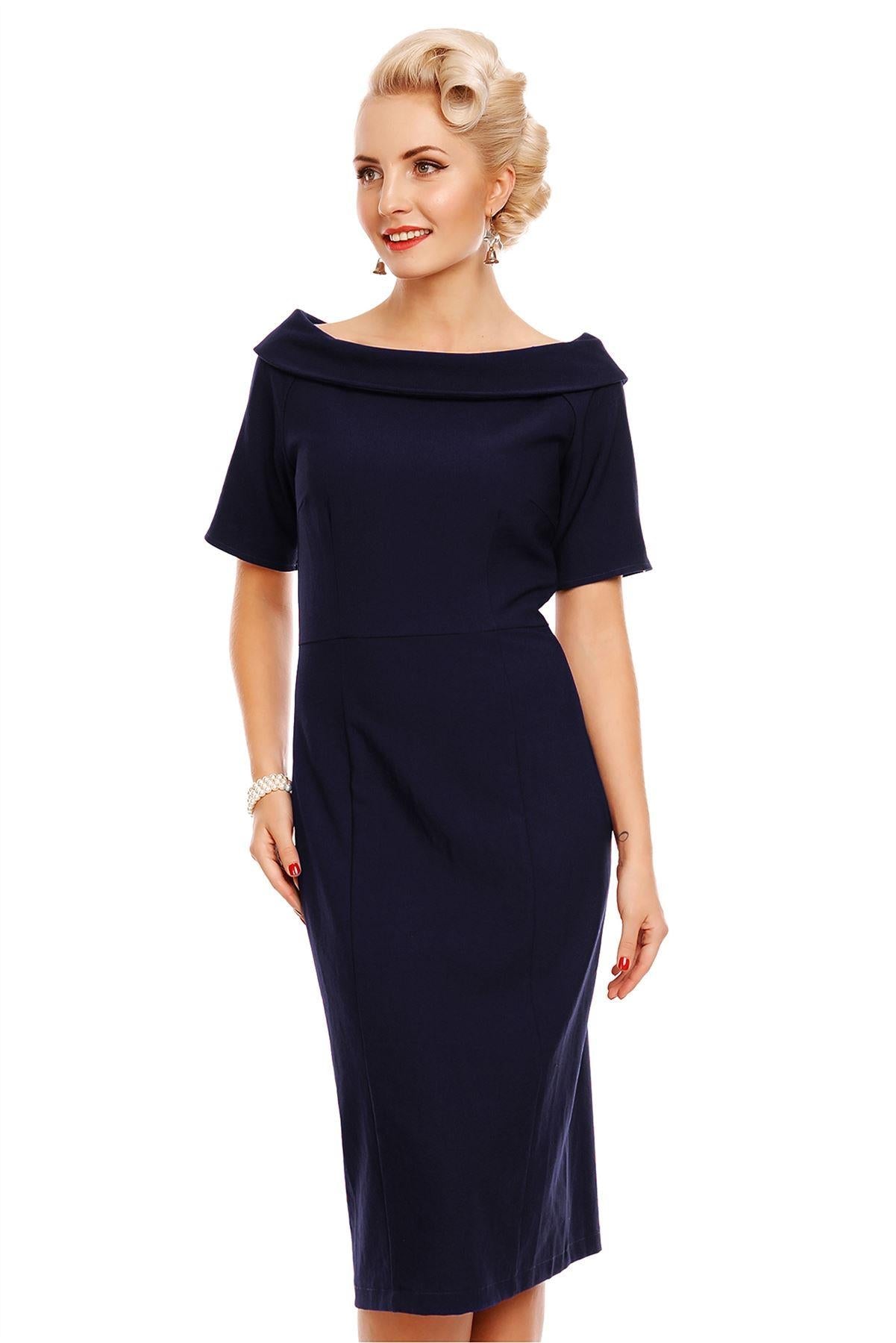 Venus Van Chic - Valerie Faux Fur Fitted Dress in Navy Blue