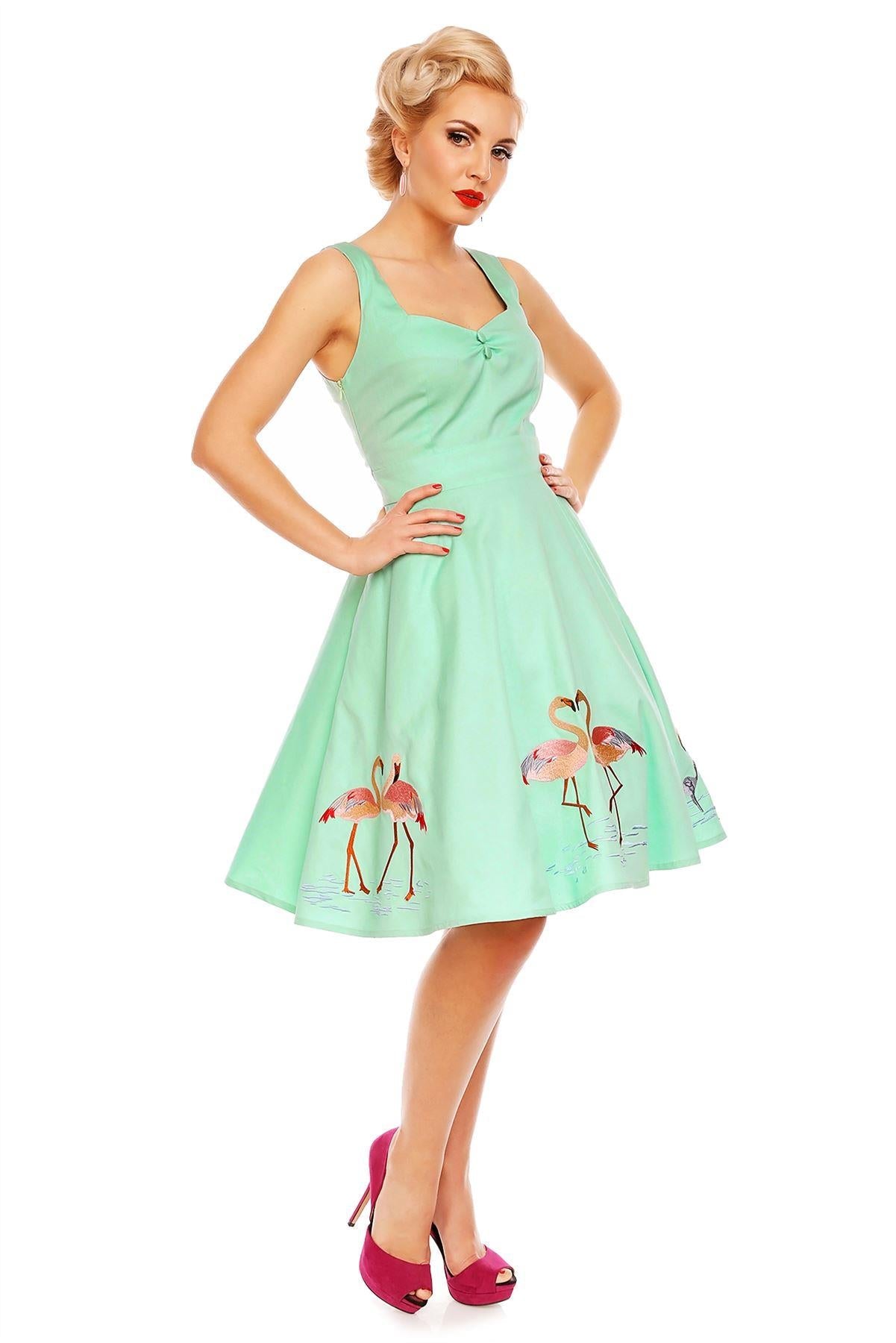 Natalie Retro Swing Flamingo Story Dress in Green