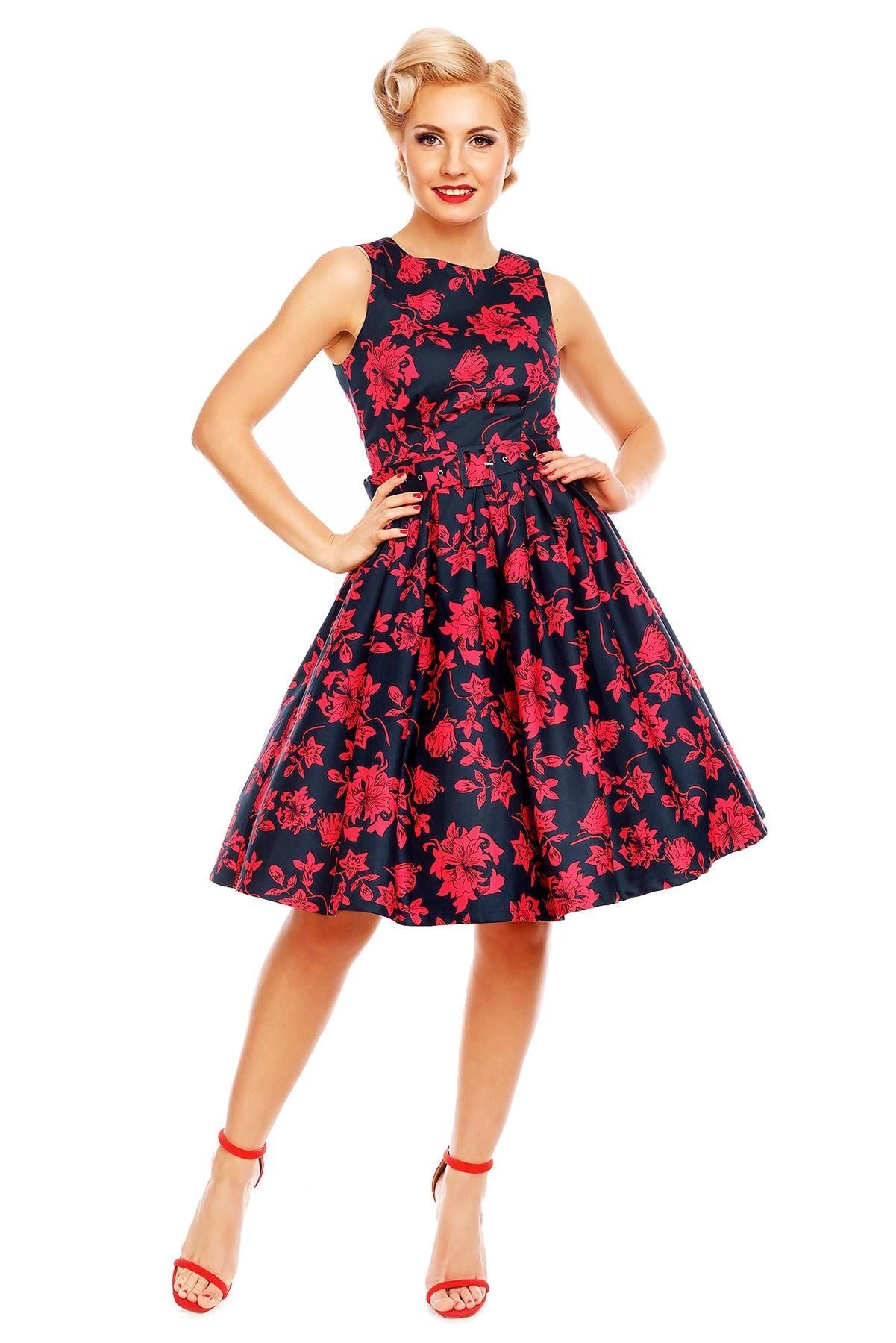 Floral Retro Swing Dress in Navy Blue/Red
