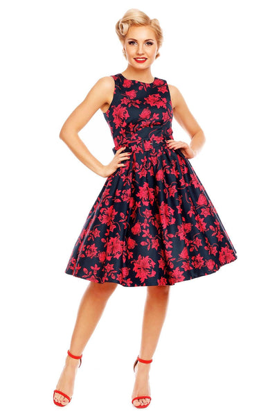 Floral Retro Swing Dress in Navy Blue/Red