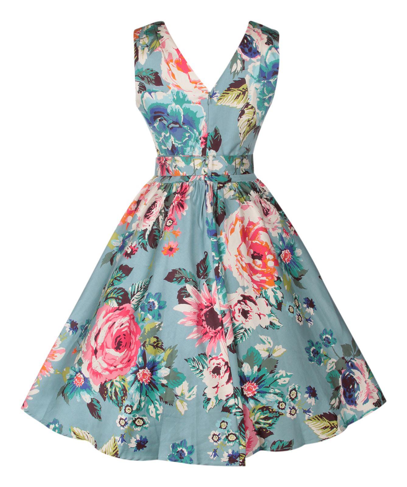 Petal Vintage Floral Swing Dress in Pale Blue