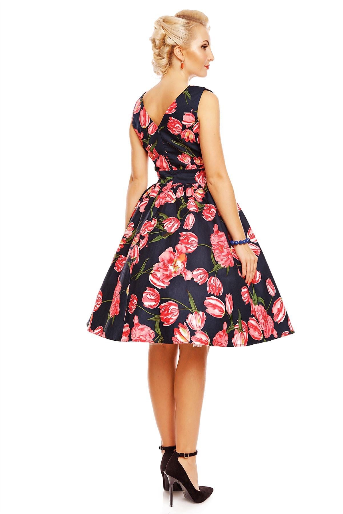 May V-neck Tulip Floral Swing Dress in Navy/Pink