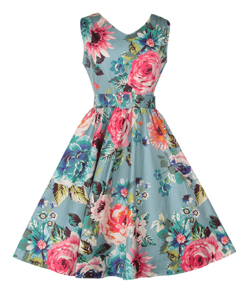 Petal Vintage Floral Swing Dress in Pale Blue