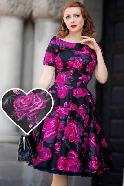 Darlene Retro Black-Pink Roses Swing Dress1