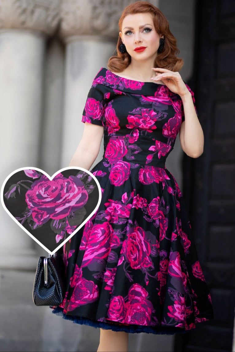 Darlene Retro Black-Pink Roses Swing Dress1