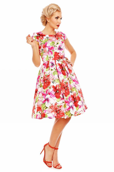 Vanessa Classic Floral Swing Dress in White-Pink