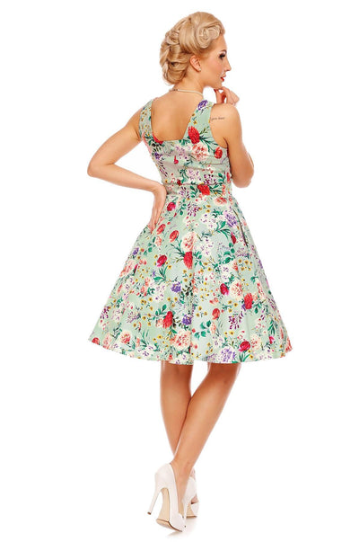 Natalie Retro Floral Swing Dress in Green Floral