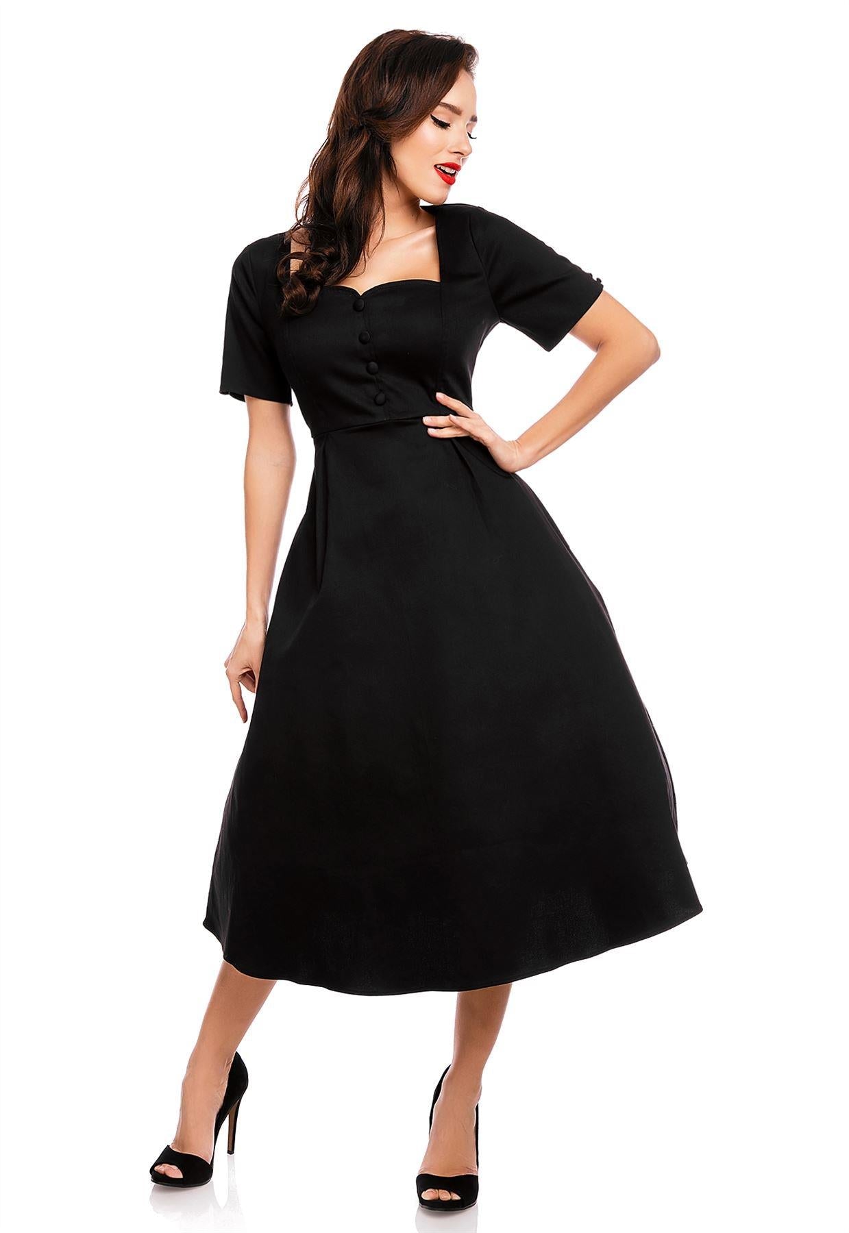 Florence Classic Swing Dress With Sleeves In Plain Black