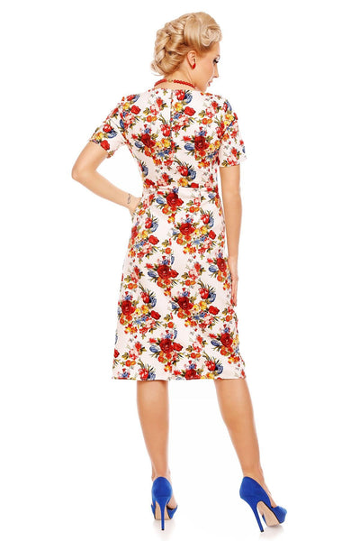 Daisy Floral Sleeve Pocket Pencil Dress in White-Red