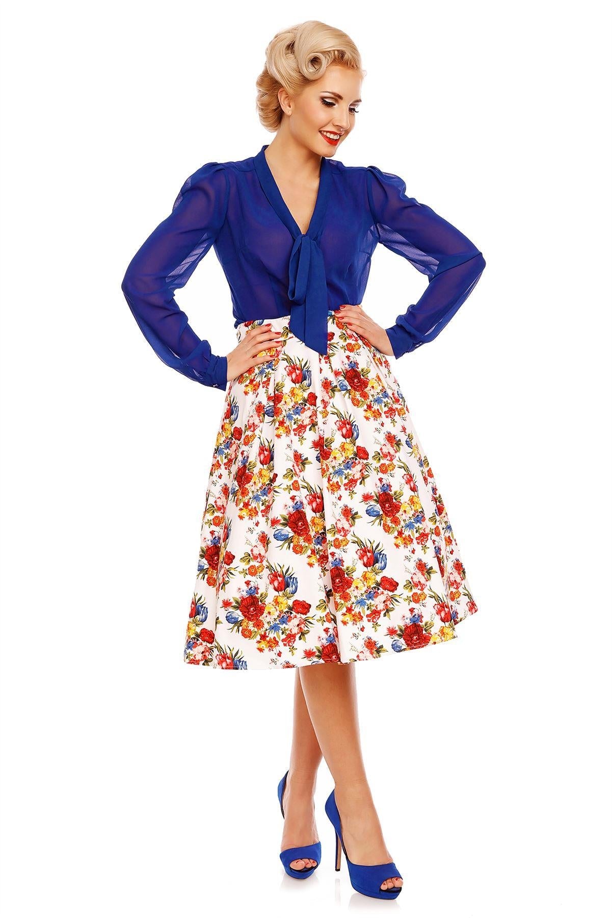 Ruth High Waisted Pleated Floral Skirt in White