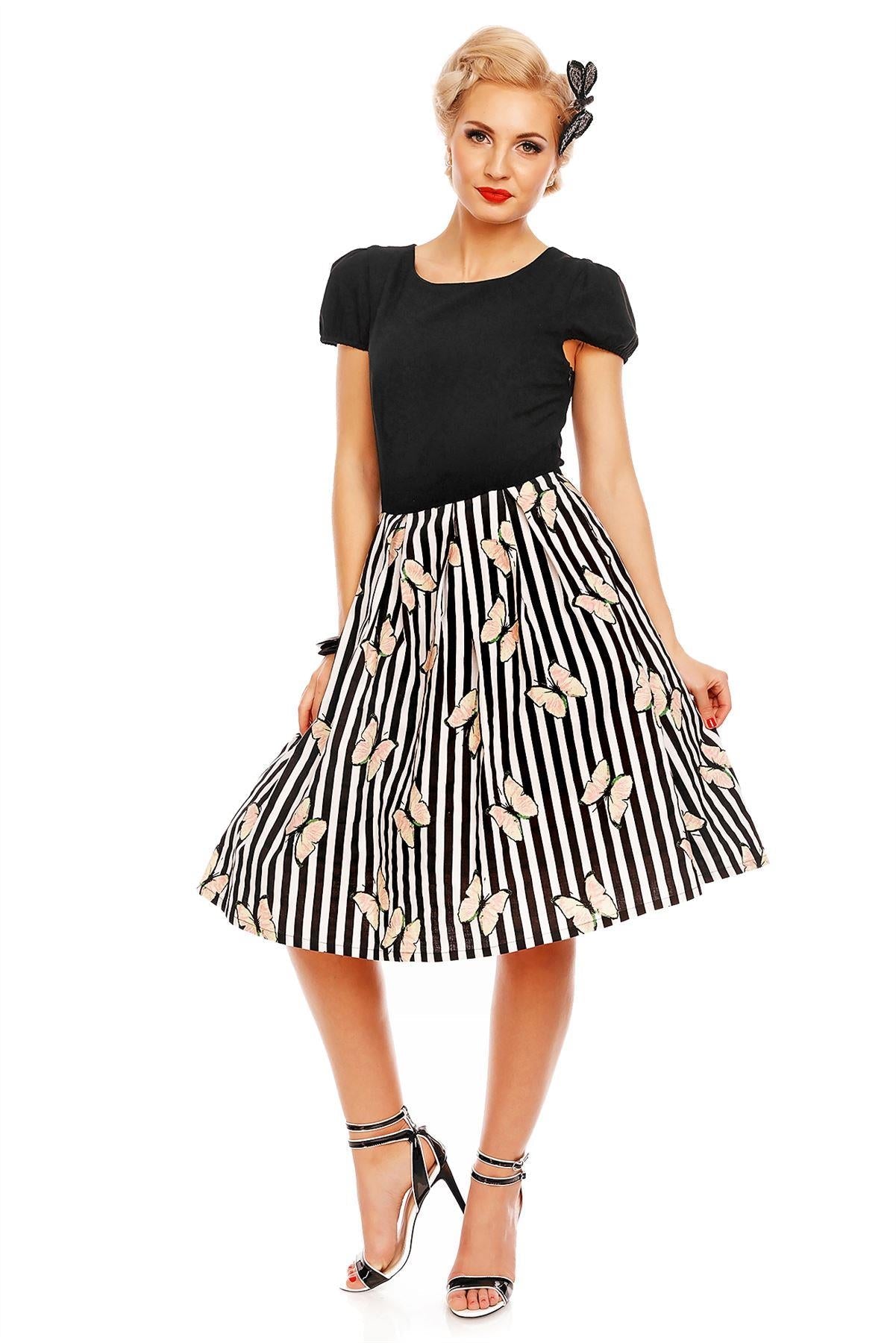 Vanessa 50s Cap Sleeve Dress in Black Butterfly