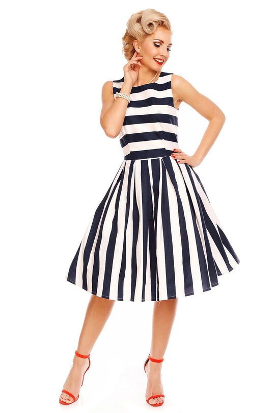 Retro Striped Swing Dress in Navy Blue