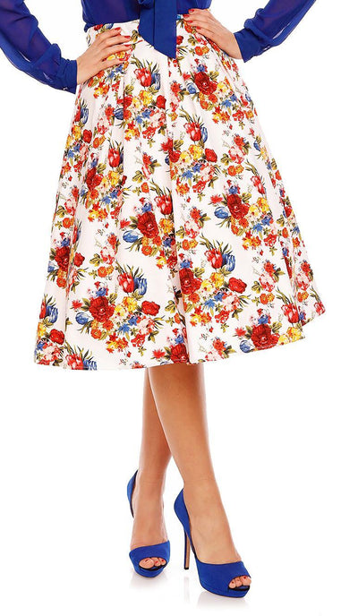 Ruth High Waisted Pleated Floral Skirt in White