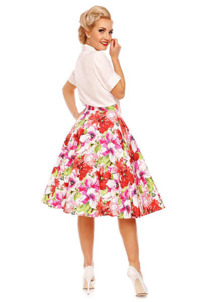 Blossom Pocketed Floral Flared Skirt in White-Pink