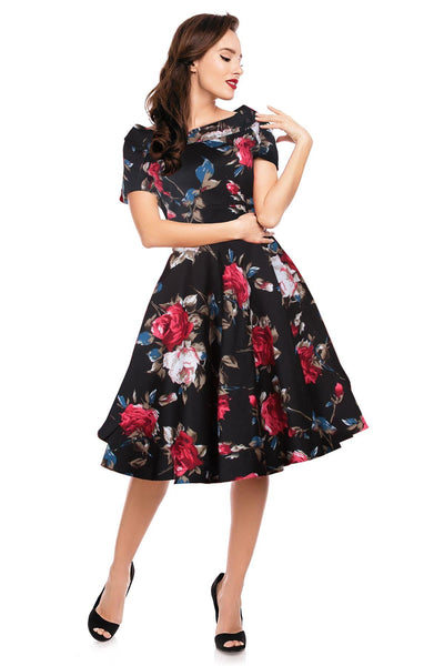 Retro Floral Roses Swing Dress in Black