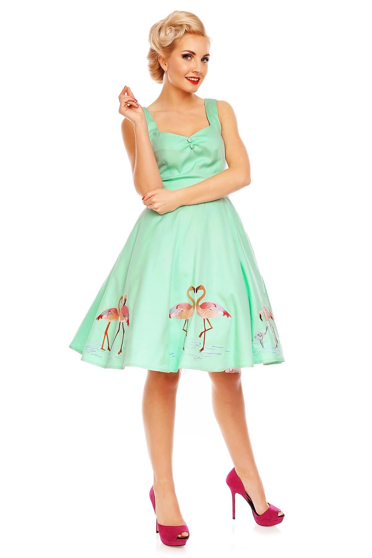 Natalie Retro Swing Flamingo Story Dress in Green