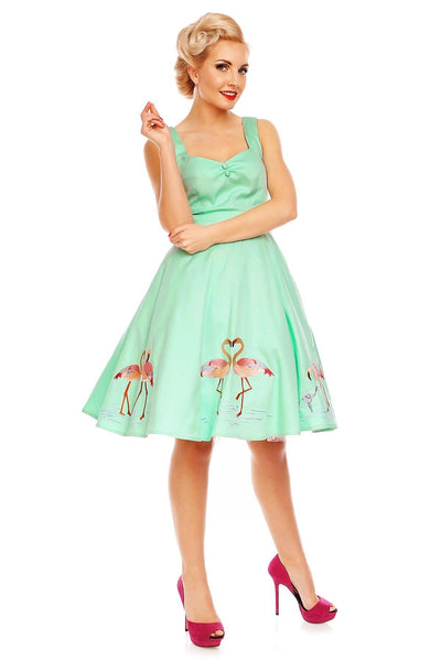 Natalie Retro Swing Flamingo Story Dress in Green