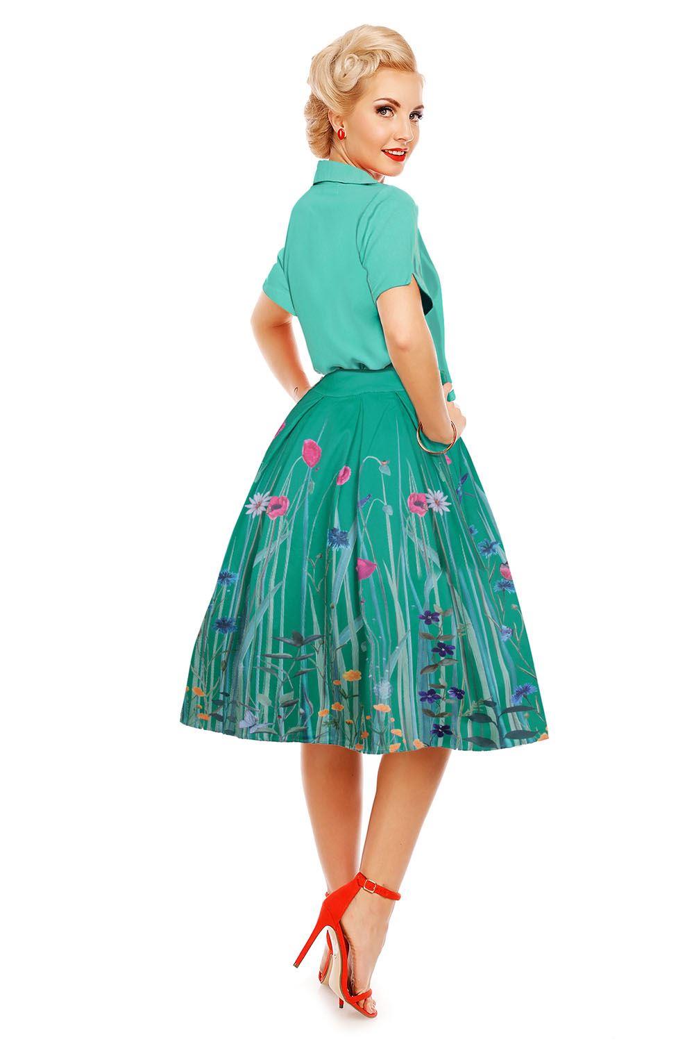 Dawn Pleated Swing Skirt with Pockets in Green Meadow