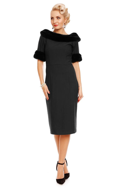 Venus Van Chic - Valerie Faux Fur Fitted Dress in Black